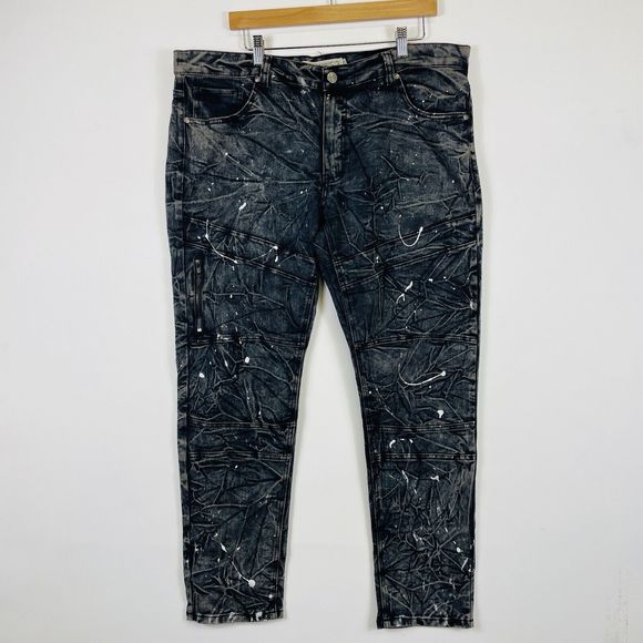 Jeanius by Akademiks‎ Black Acid Wash Paint Splatter Jeans Mens 36 x 32 NEW NWT - Picture 1 of 9
